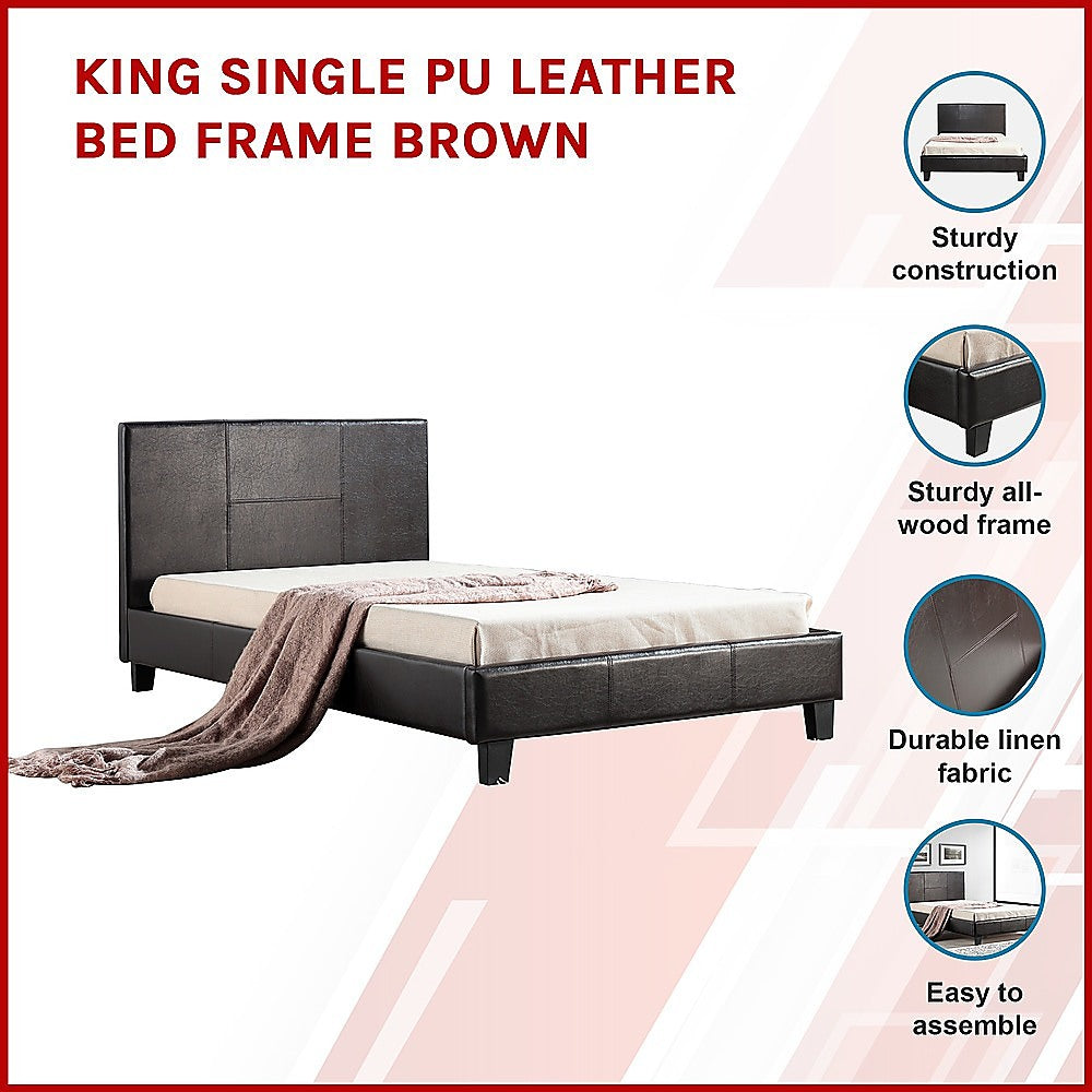 Linden PU Leather Bed Frame – Brown – King Single