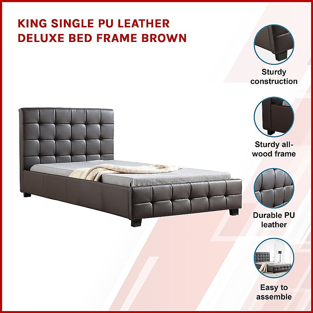 Rowan PU Leather Deluxe Bed Frame – Brown – King Single