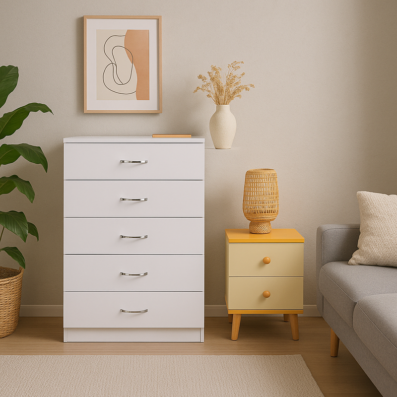 Camden 5-Drawer Chest with Bedside Table – White – 70 × 40 cm