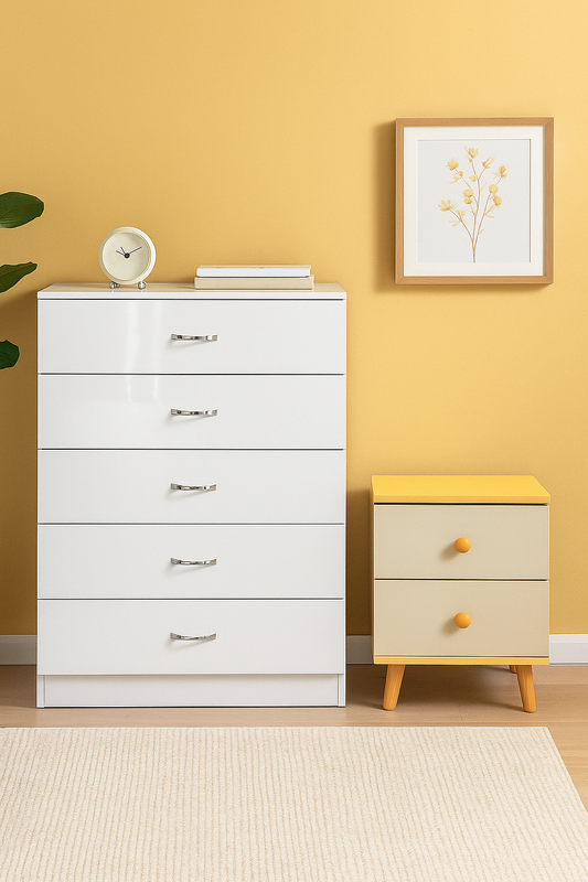 Camden 5-Drawer Chest with Bedside Table – White – 70 × 40 cm