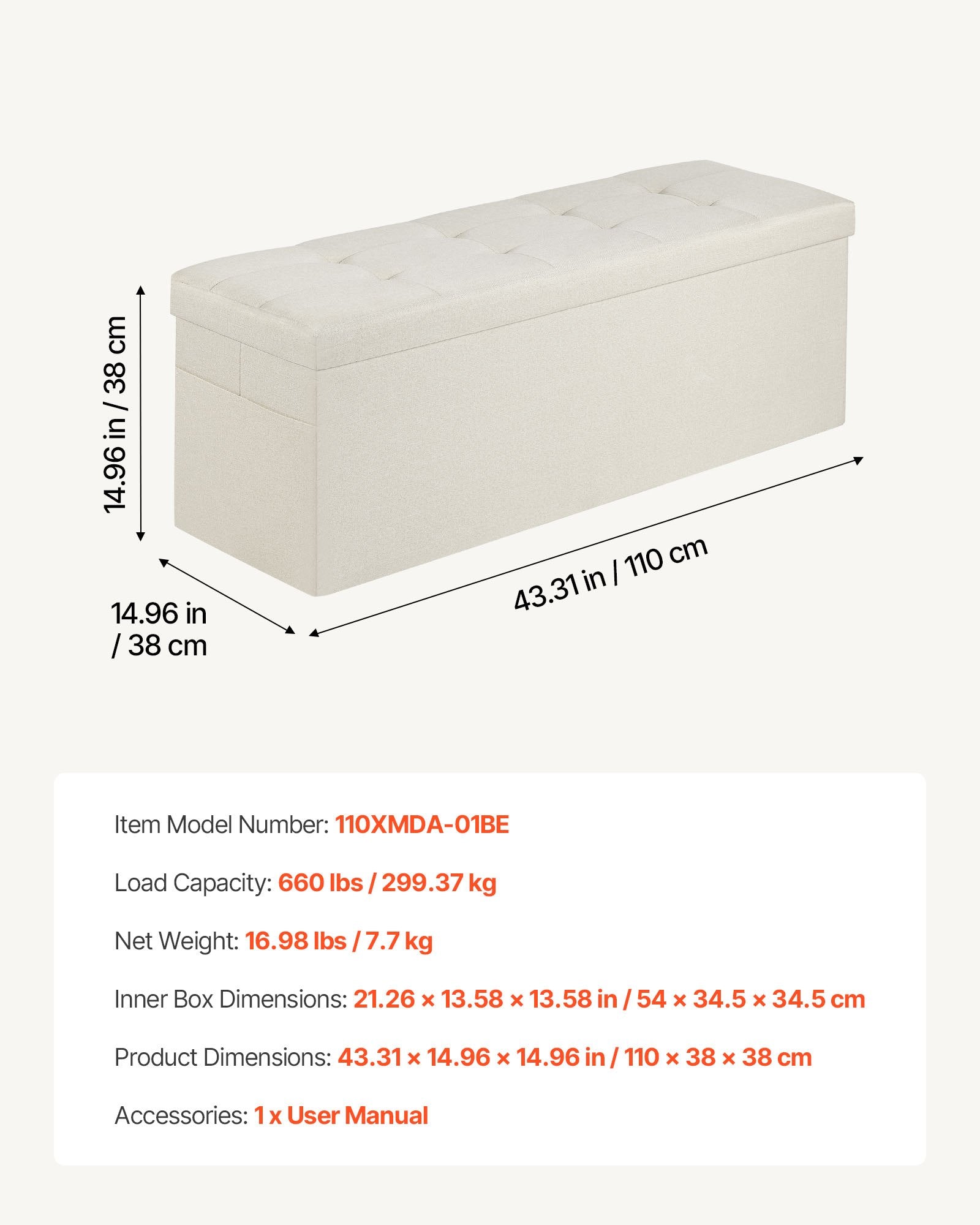 Harlow Foldable Storage Ottoman Bench – Beige