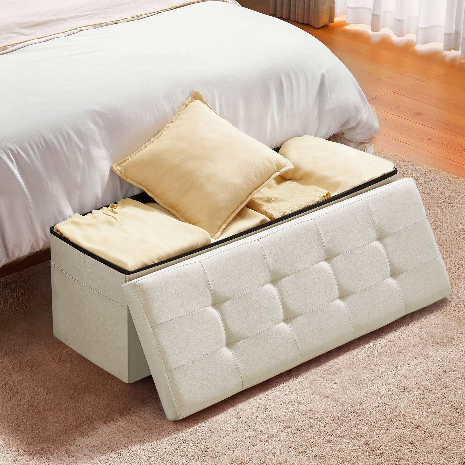 Harlow Foldable Storage Ottoman Bench – Beige