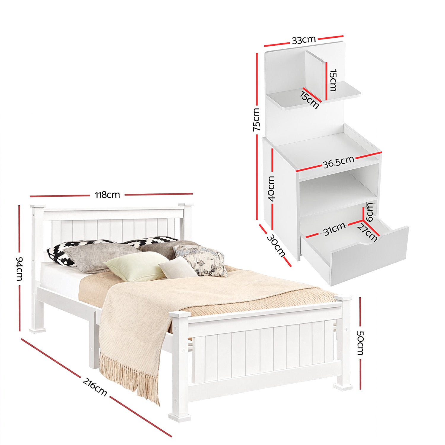 Haven Bed Frame & Bedside Table Set – White – King Single