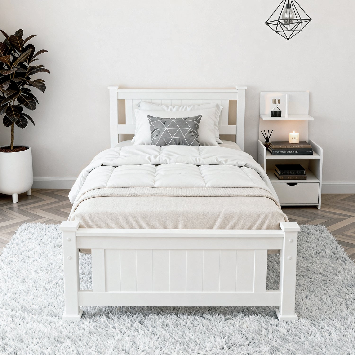 Haven Bed Frame & Bedside Table Set – White – King Single