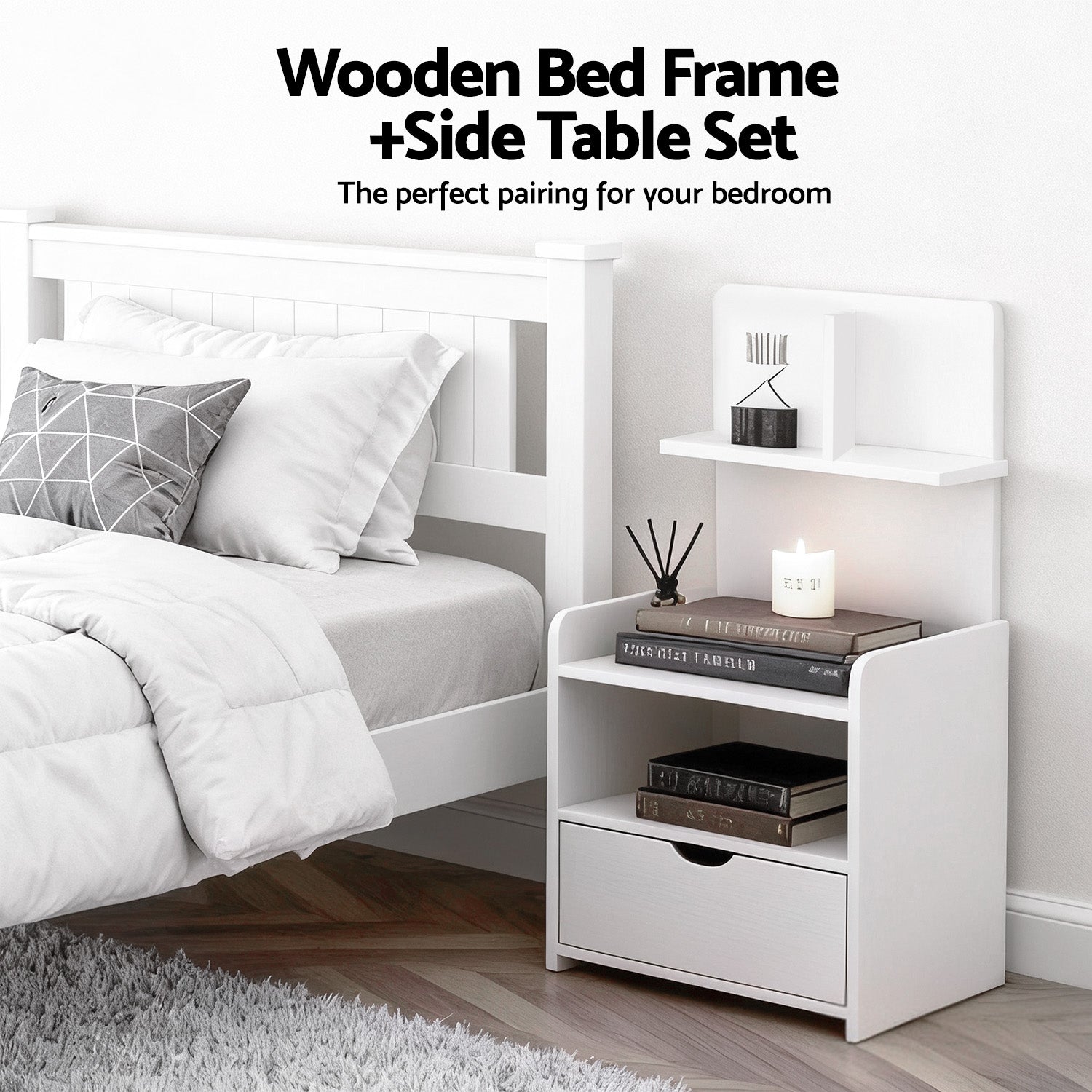 Haven Bed Frame & Bedside Table Set – White – King Single