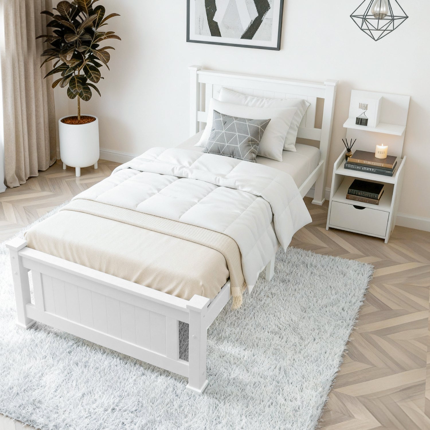Haven Bed Frame & Bedside Table Set – White – King Single