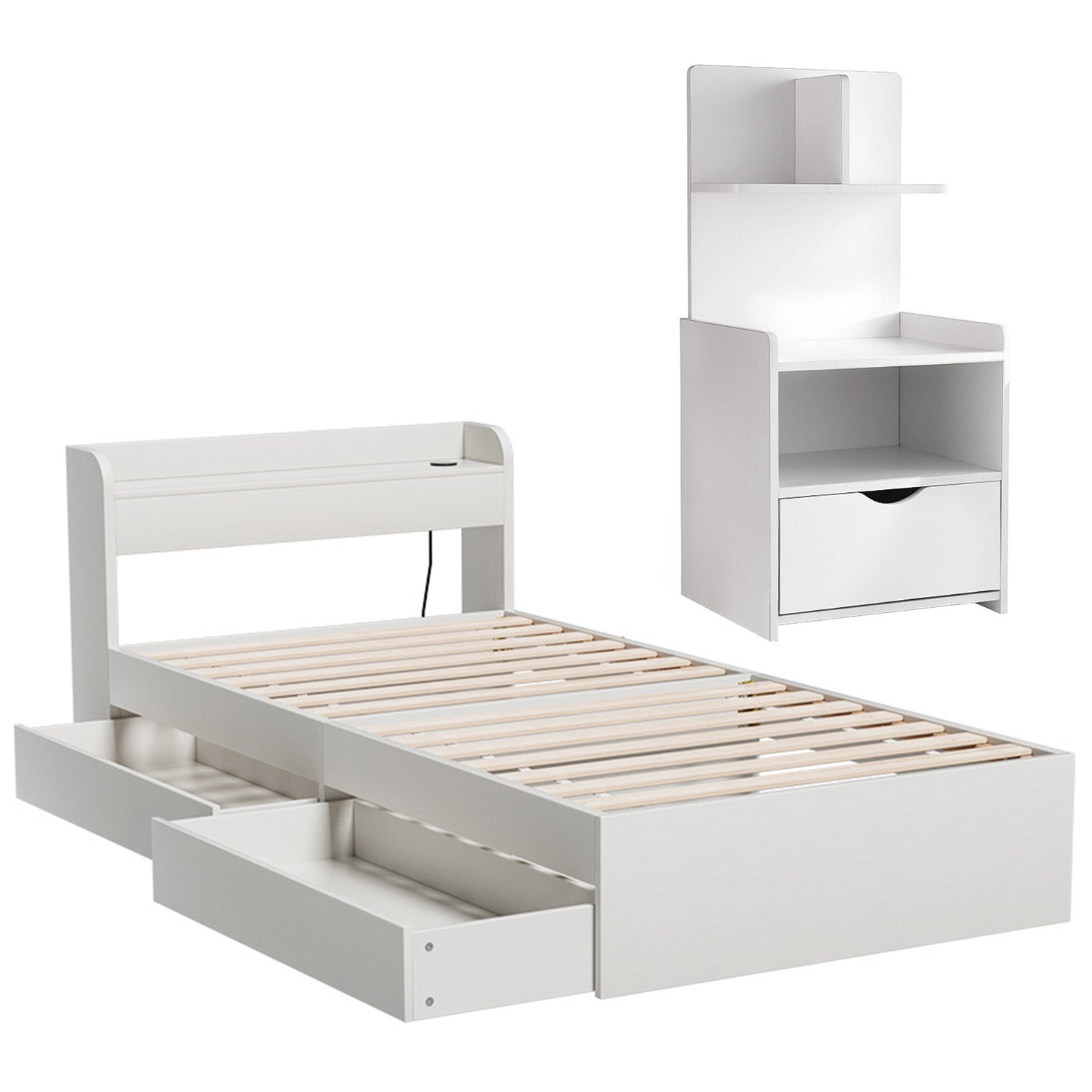 Aura Bed Frame & Bedside Table Set with USB Charging – White – Single