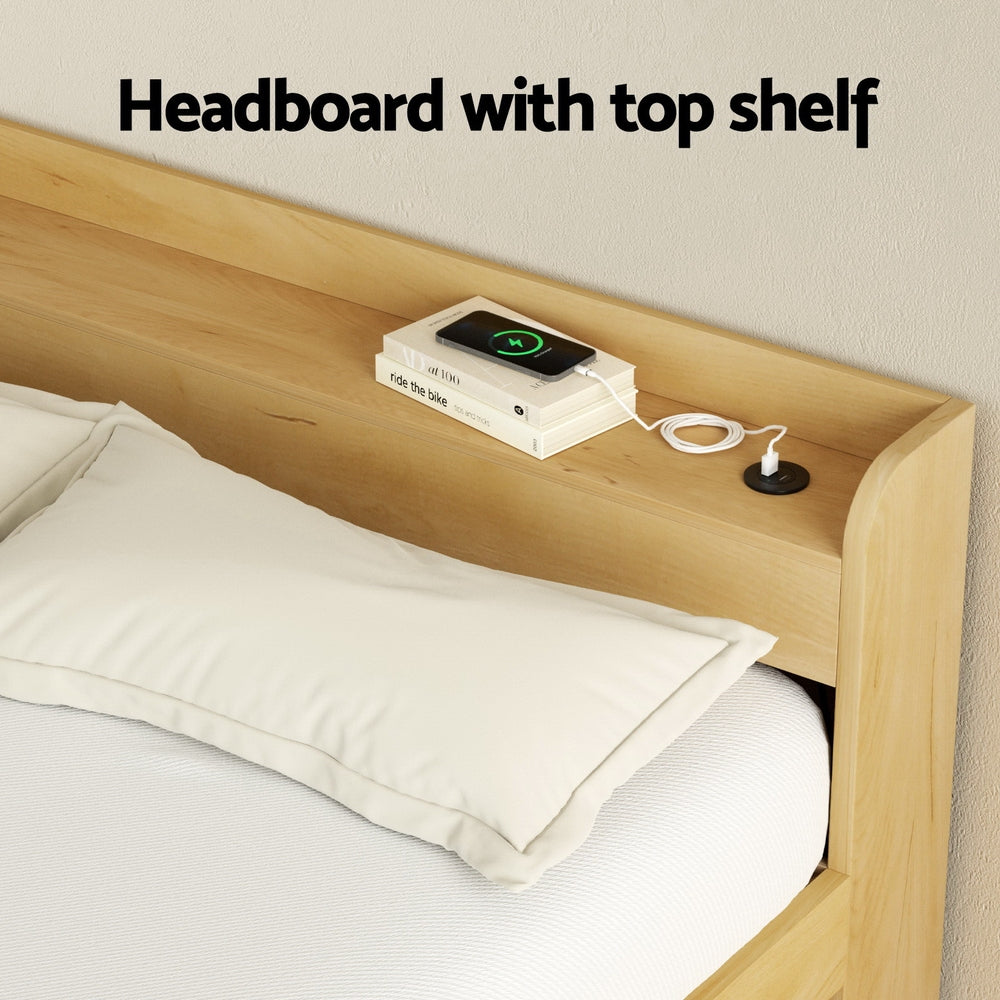 Aura Storage Bed Frame with Charging Ports – Wood – Double