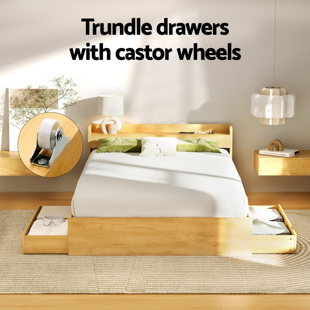 Aura Storage Bed Frame with Charging Ports – Wood – Double