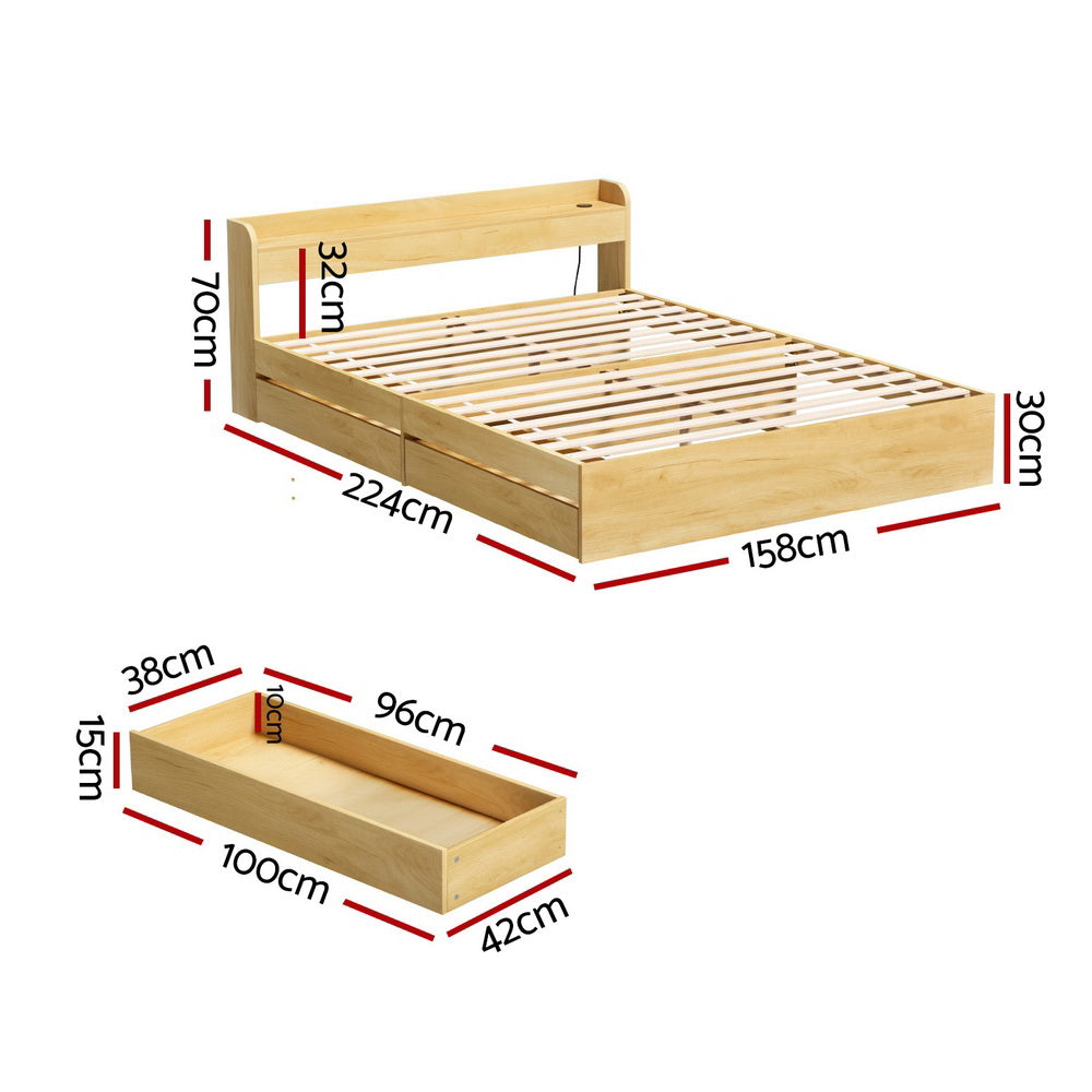 Aura Storage Bed Frame with Charging Ports – Wood – Queen