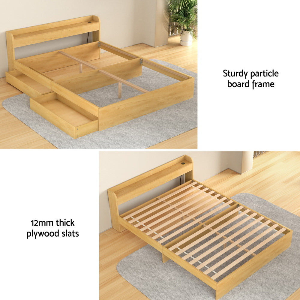 Aura Storage Bed Frame with Charging Ports – Wood – Queen
