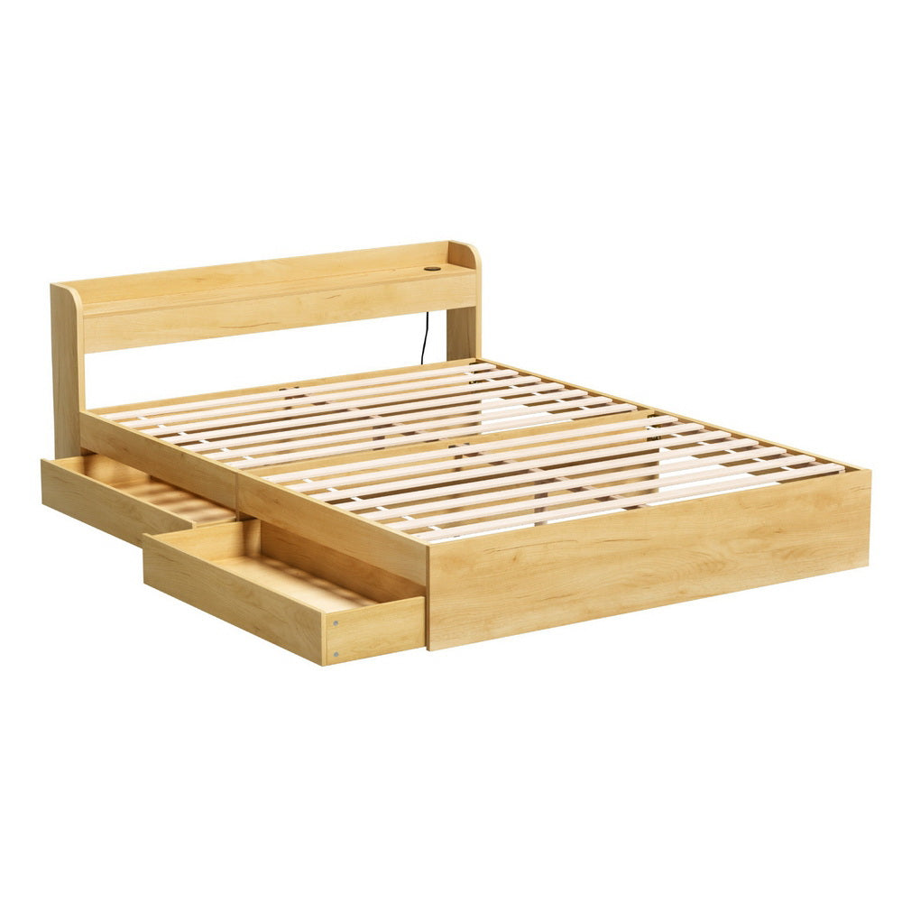 Aura Storage Bed Frame with Charging Ports – Wood – Queen