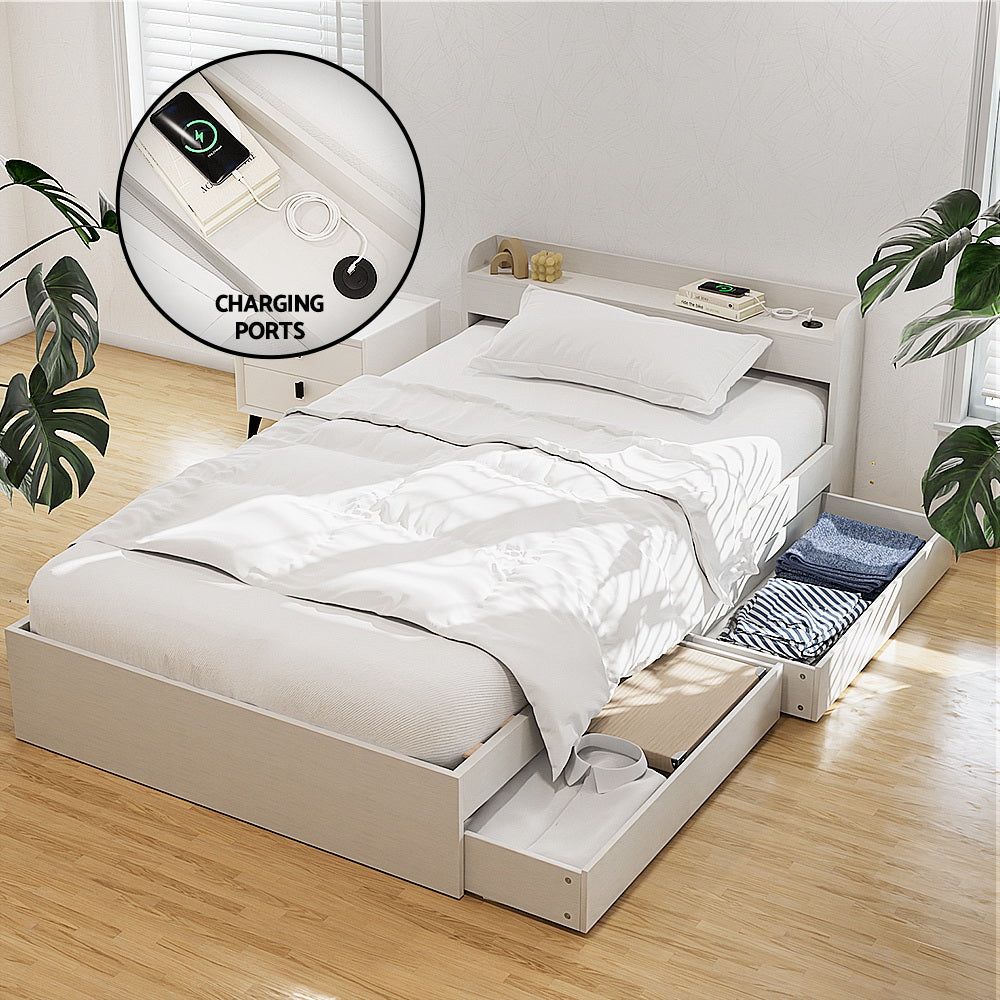 Bed Frame with Charging Ports and 2 Drawers AURA – Single