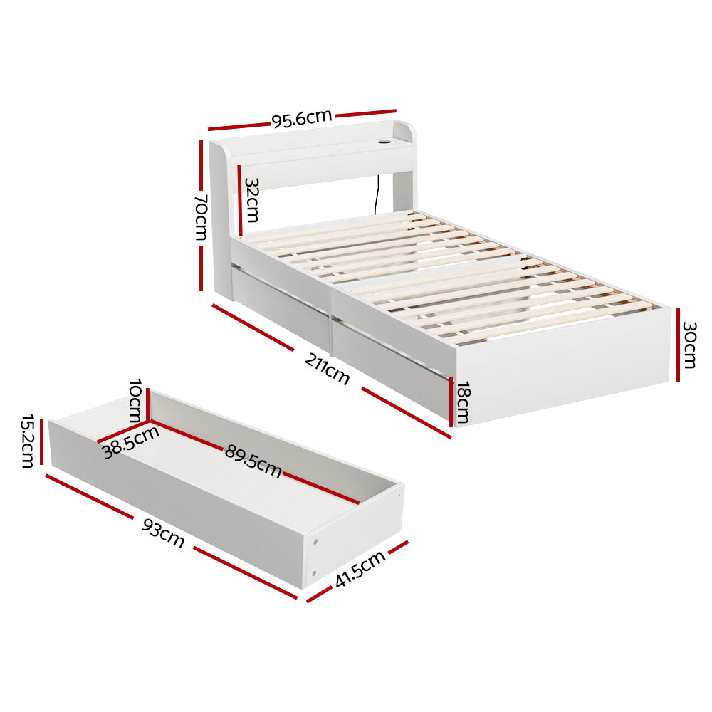 Aura Storage Bed Frame with Charging Ports – White – Single