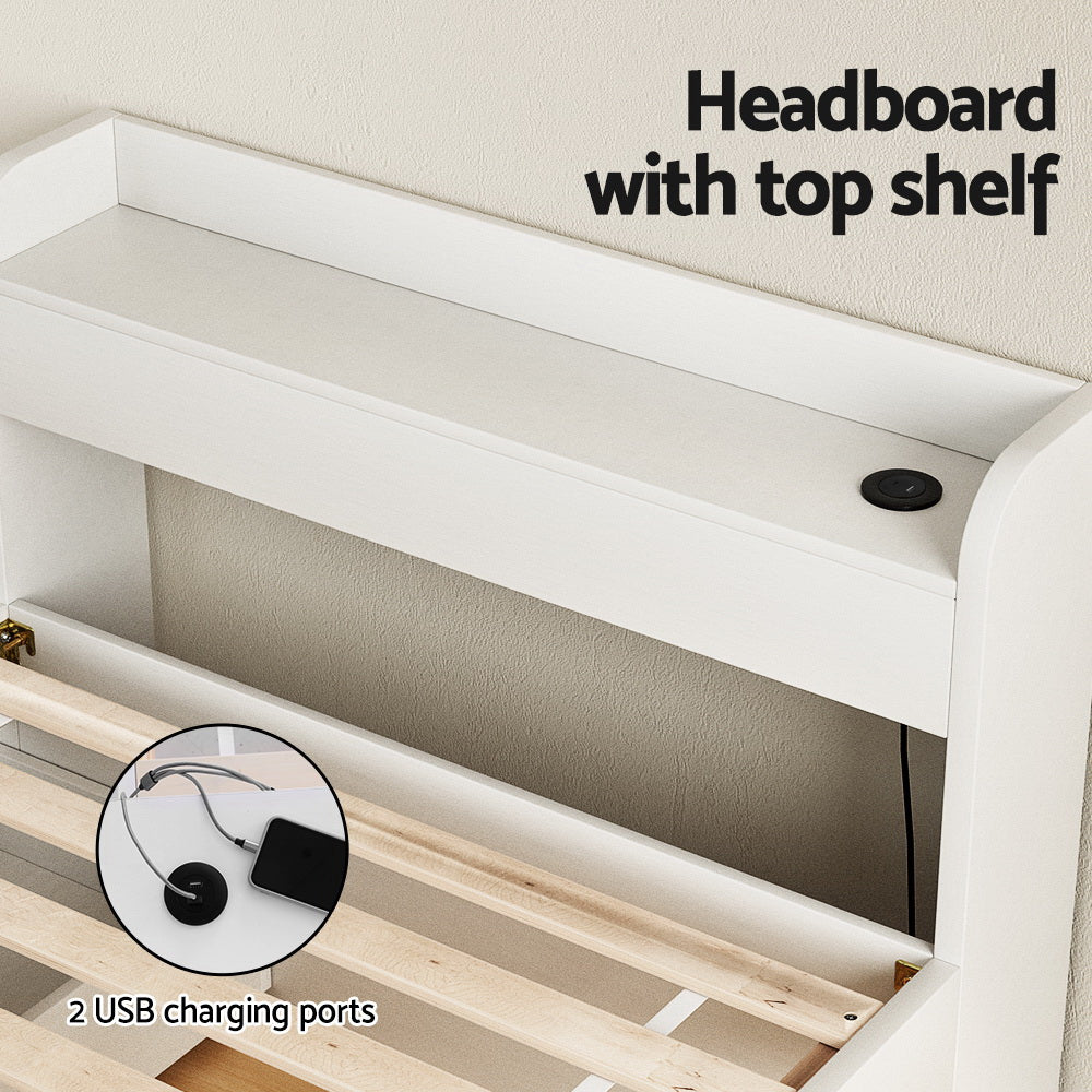 Aura Storage Bed Frame with Charging Ports – White – Single