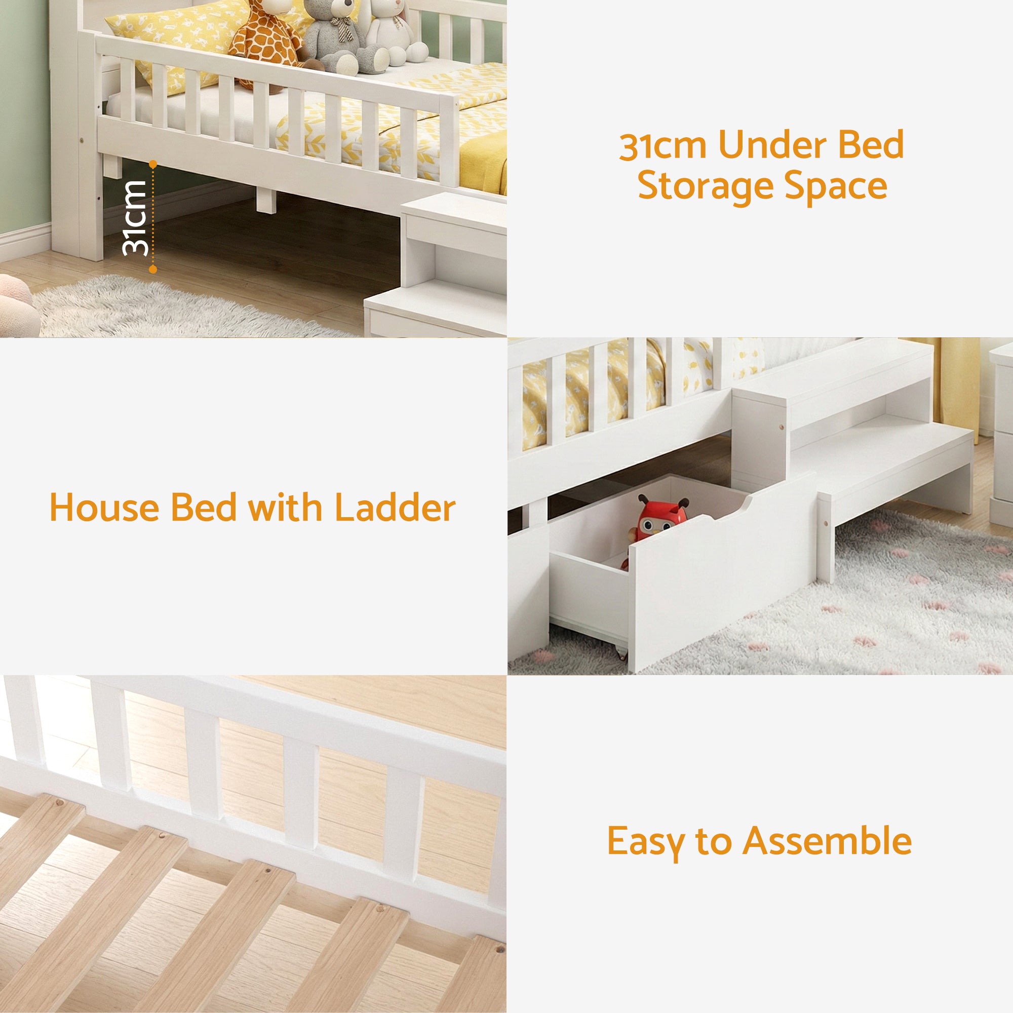 Arlo Montessori Bed Frame with Storage, LED & USB Ports – White – Single