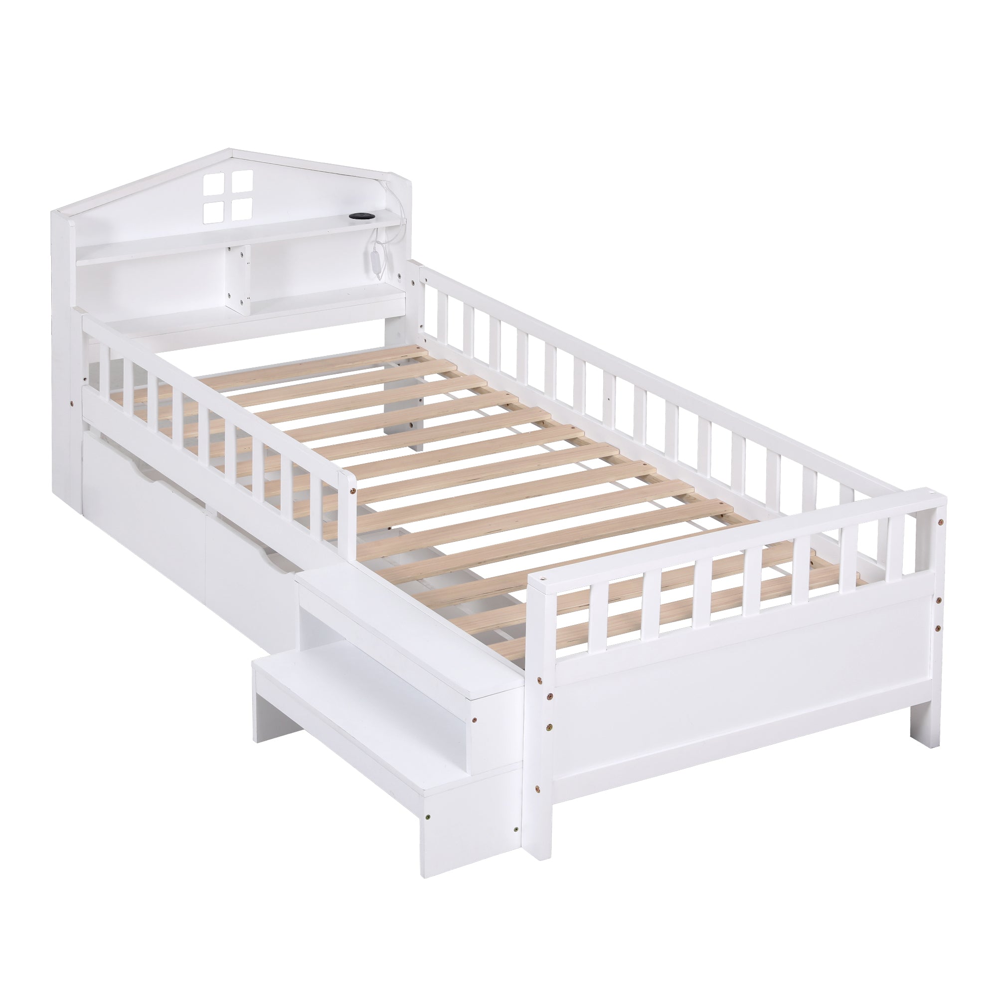 Arlo Montessori Bed Frame with Storage, LED & USB Ports – White – Single