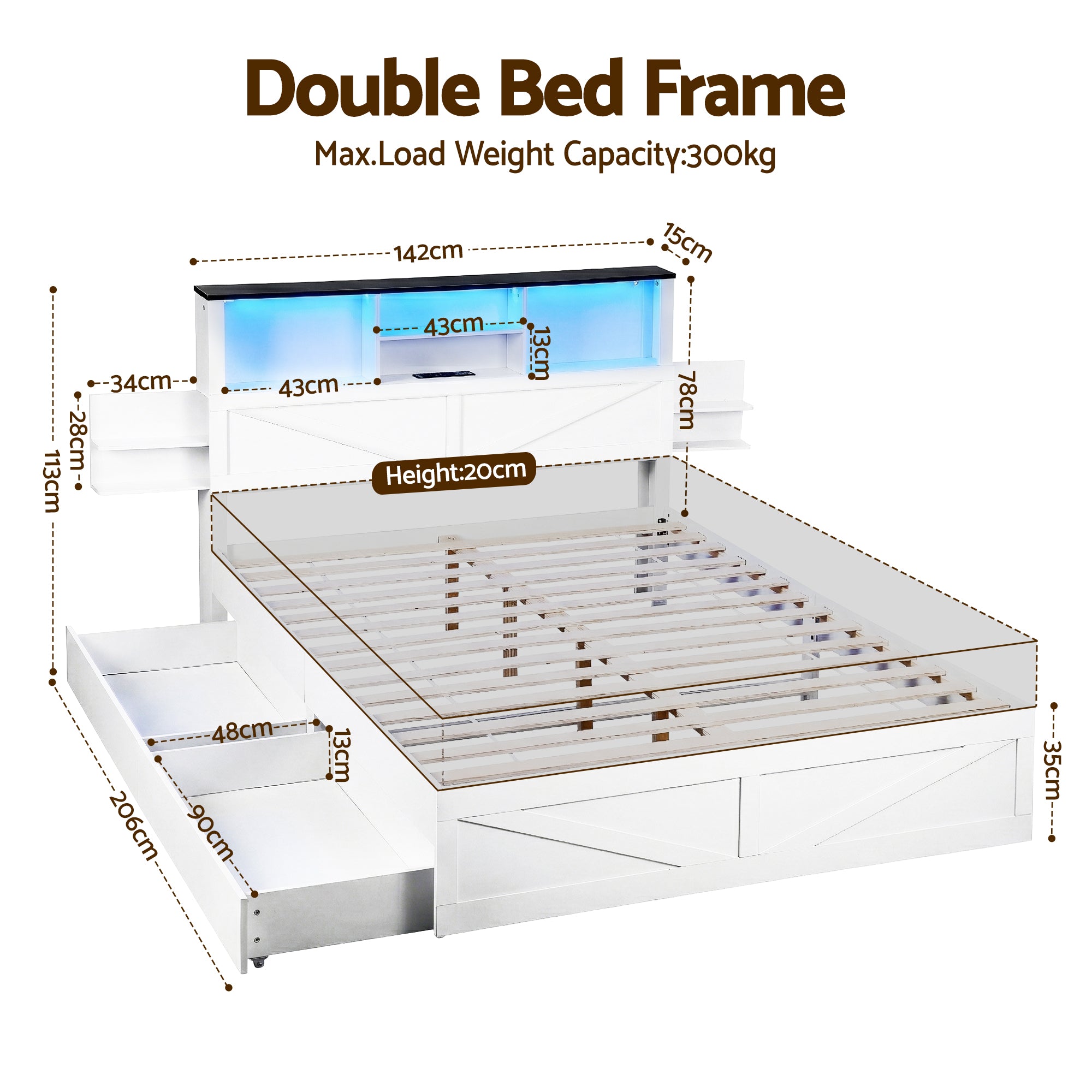 Linden Bed Frame with Storage, LED & Charging Station – White – Double