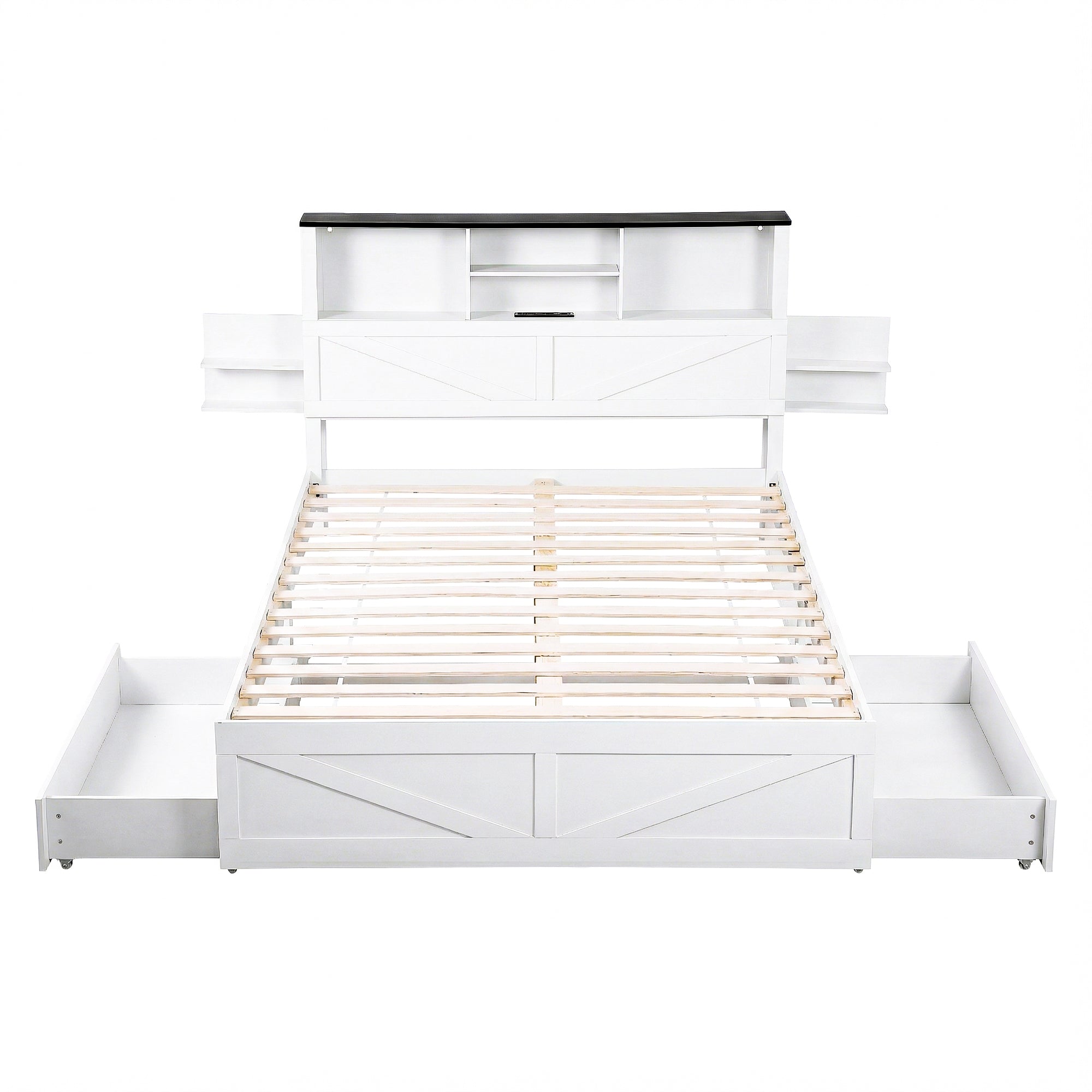 Linden Bed Frame with Storage, LED & Charging Station – White – Queen