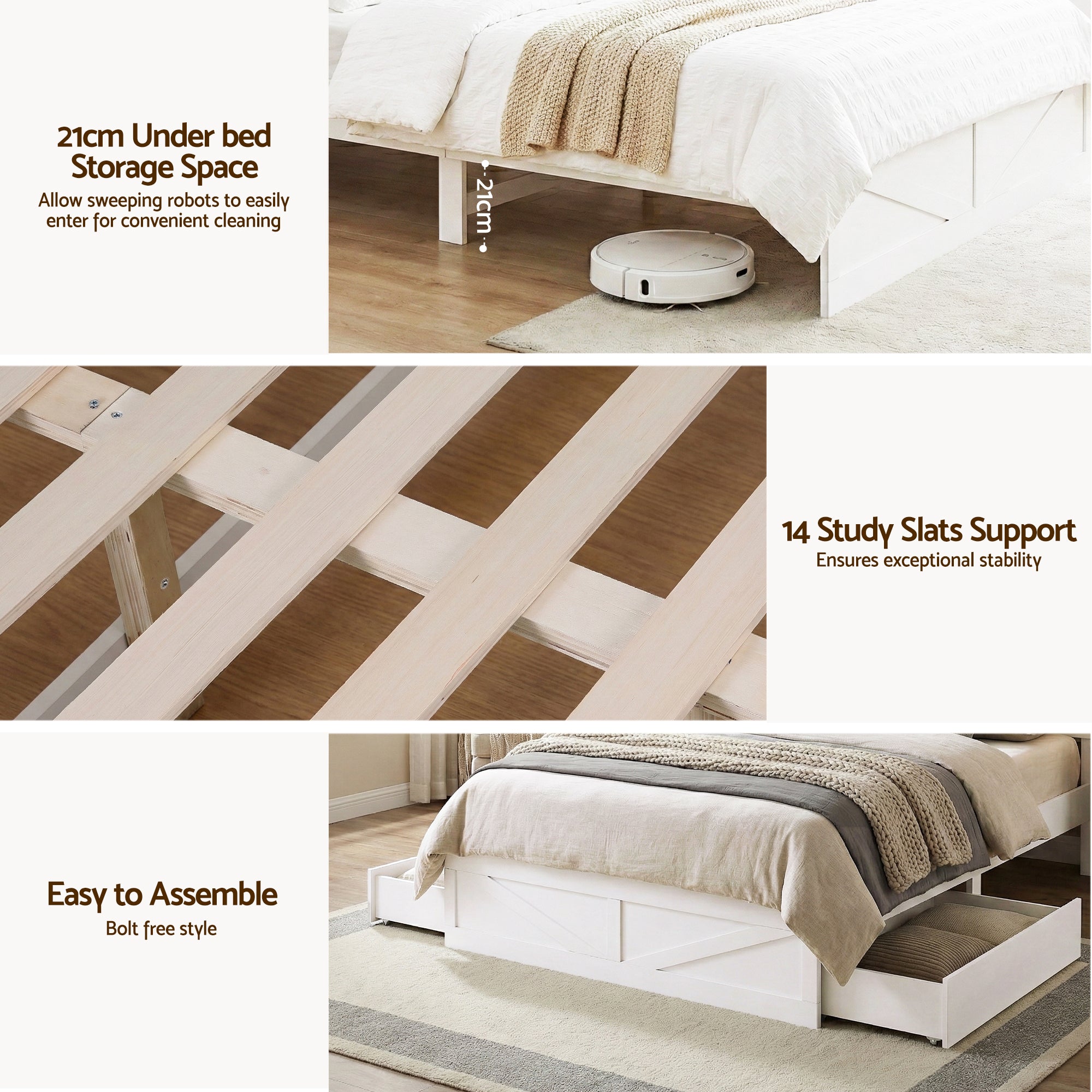 Linden Bed Frame with Storage, LED & Charging Station – White – Queen