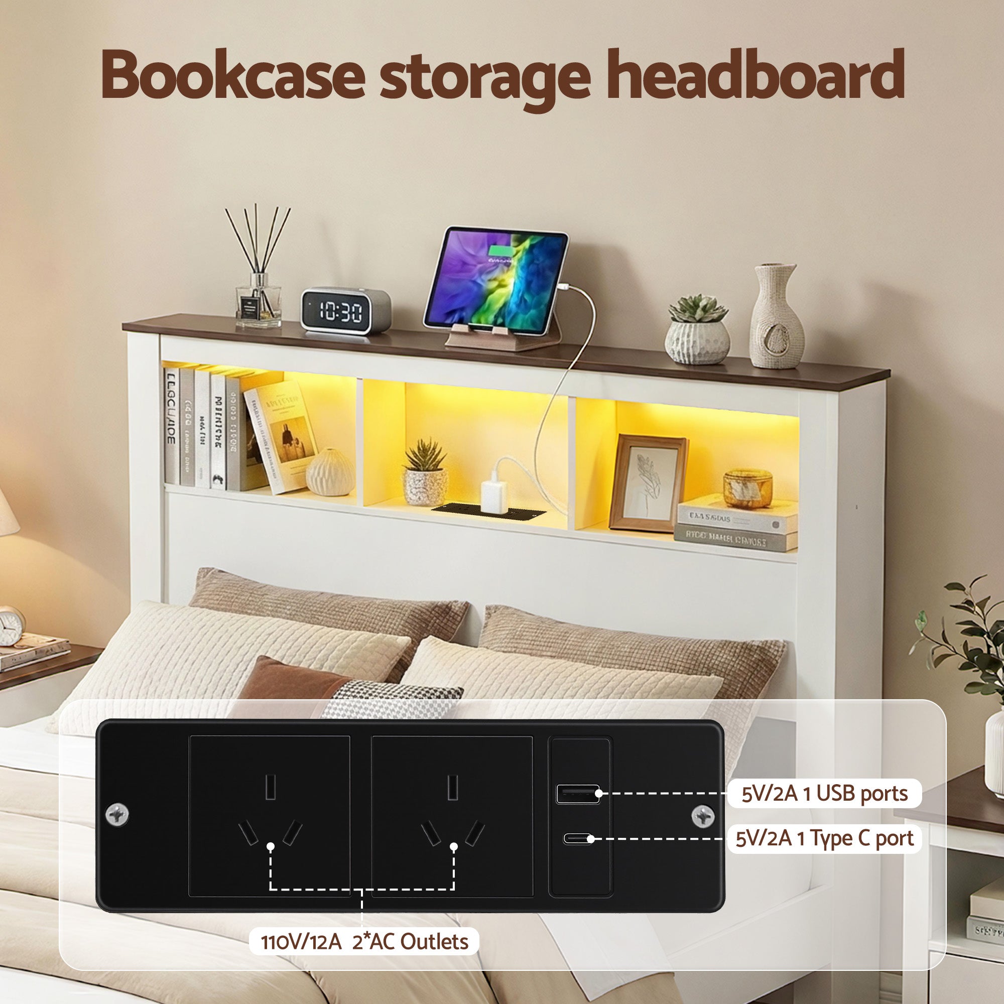 Linden Bed Frame with Storage, LED & Charging Station – White – Double