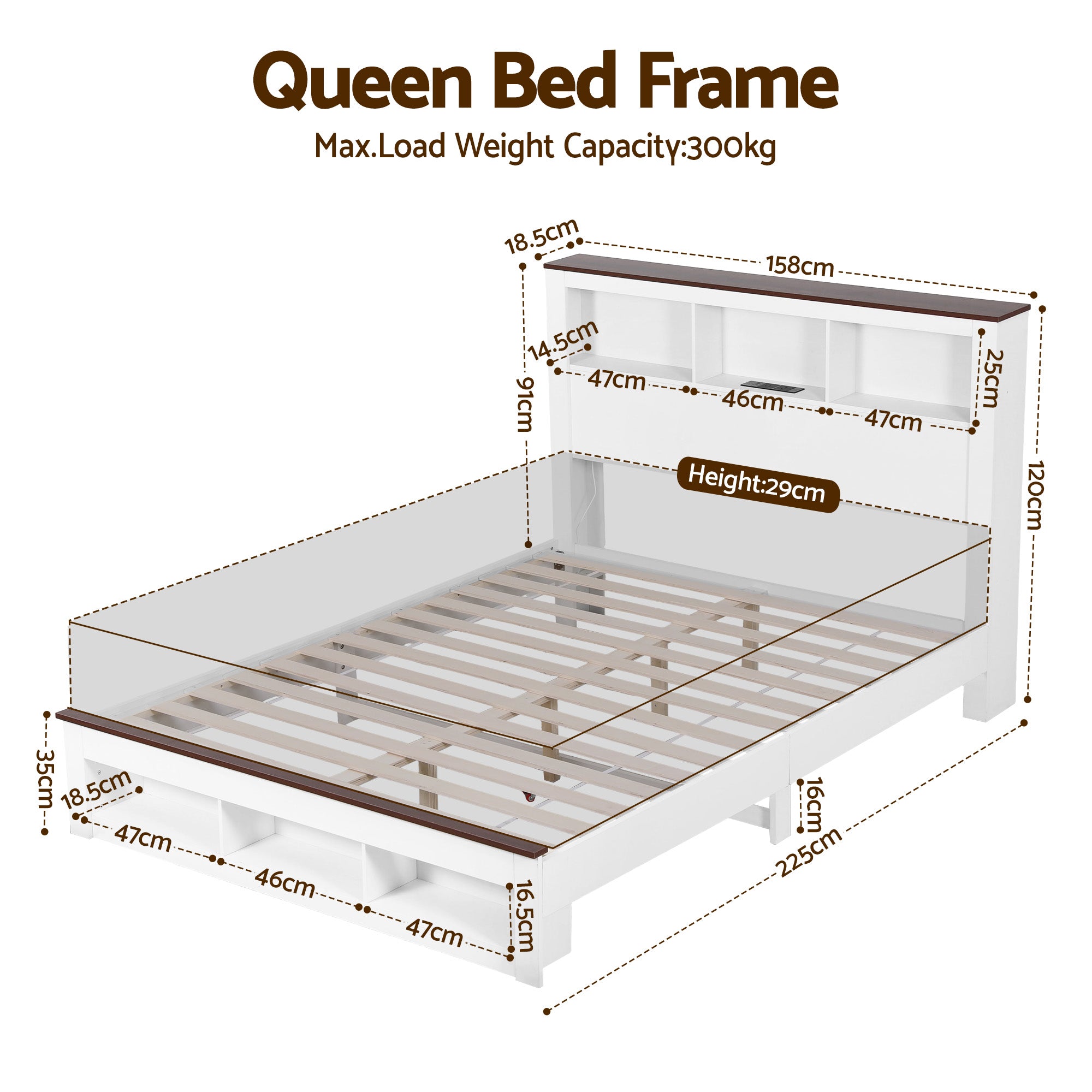 Nova Wooden Bed Frame with Storage, LED & Charging Station – White – Queen