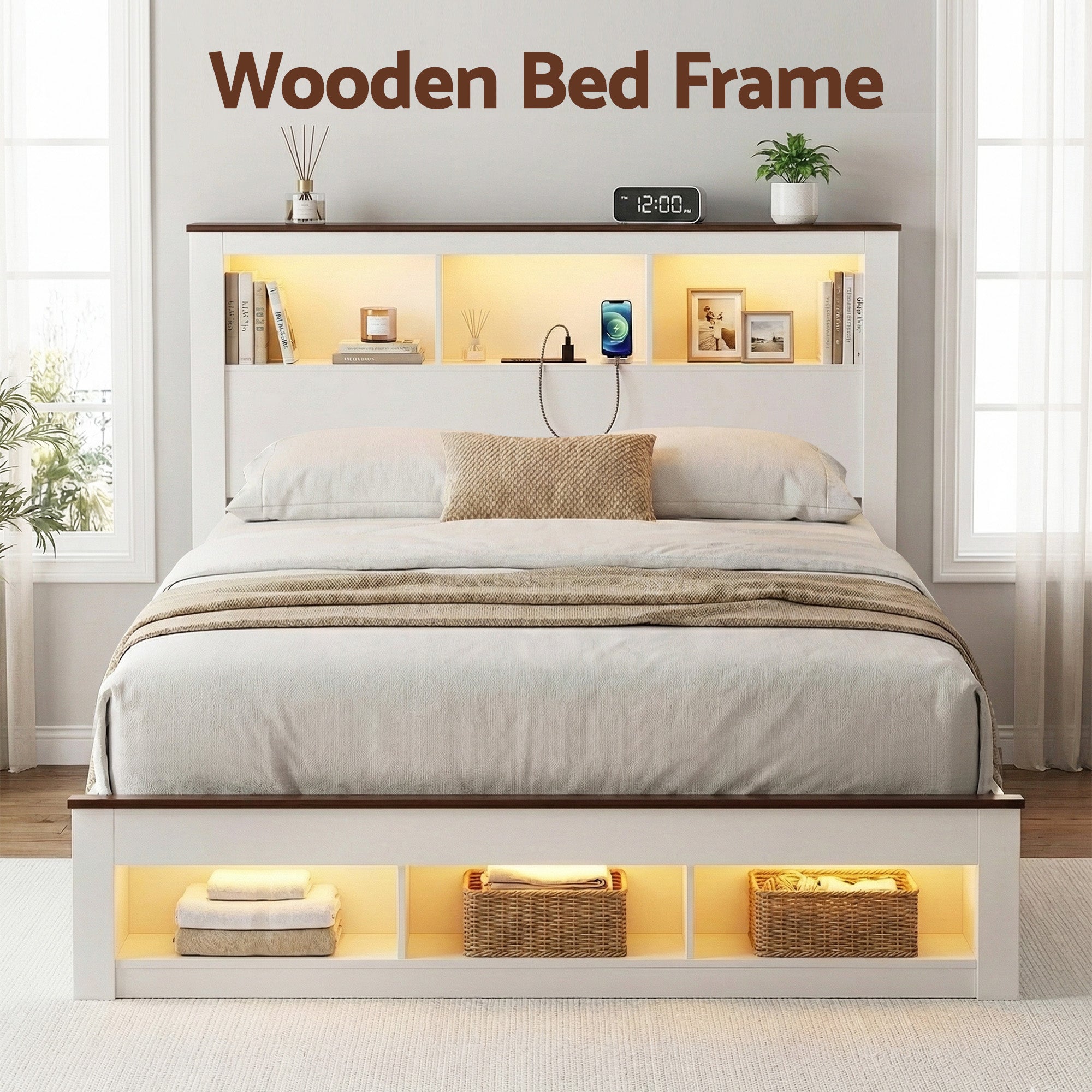Nova Wooden Bed Frame with Storage, LED & Charging Station – White – Queen