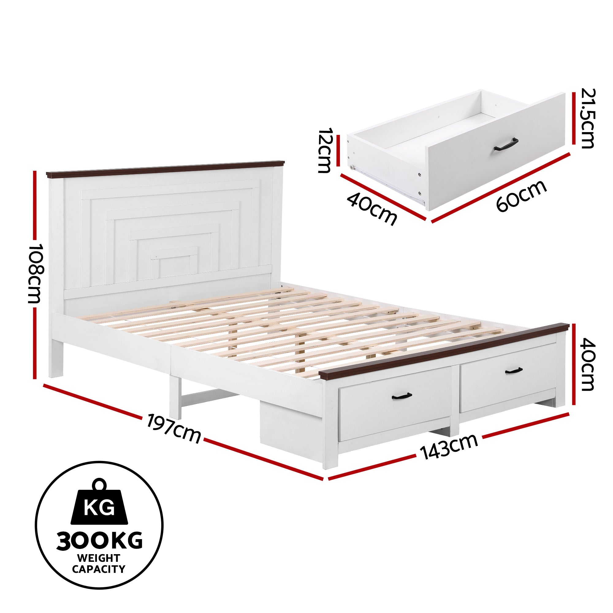 Rowan Wooden Bed Frame with Storage Drawers – White – Double