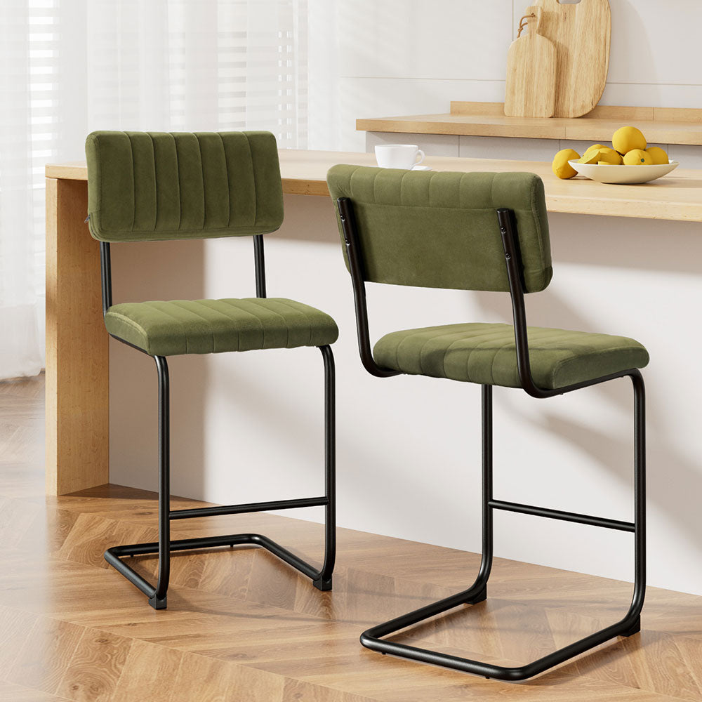 Linden 2x Bar Stools Velvet Chairs Green