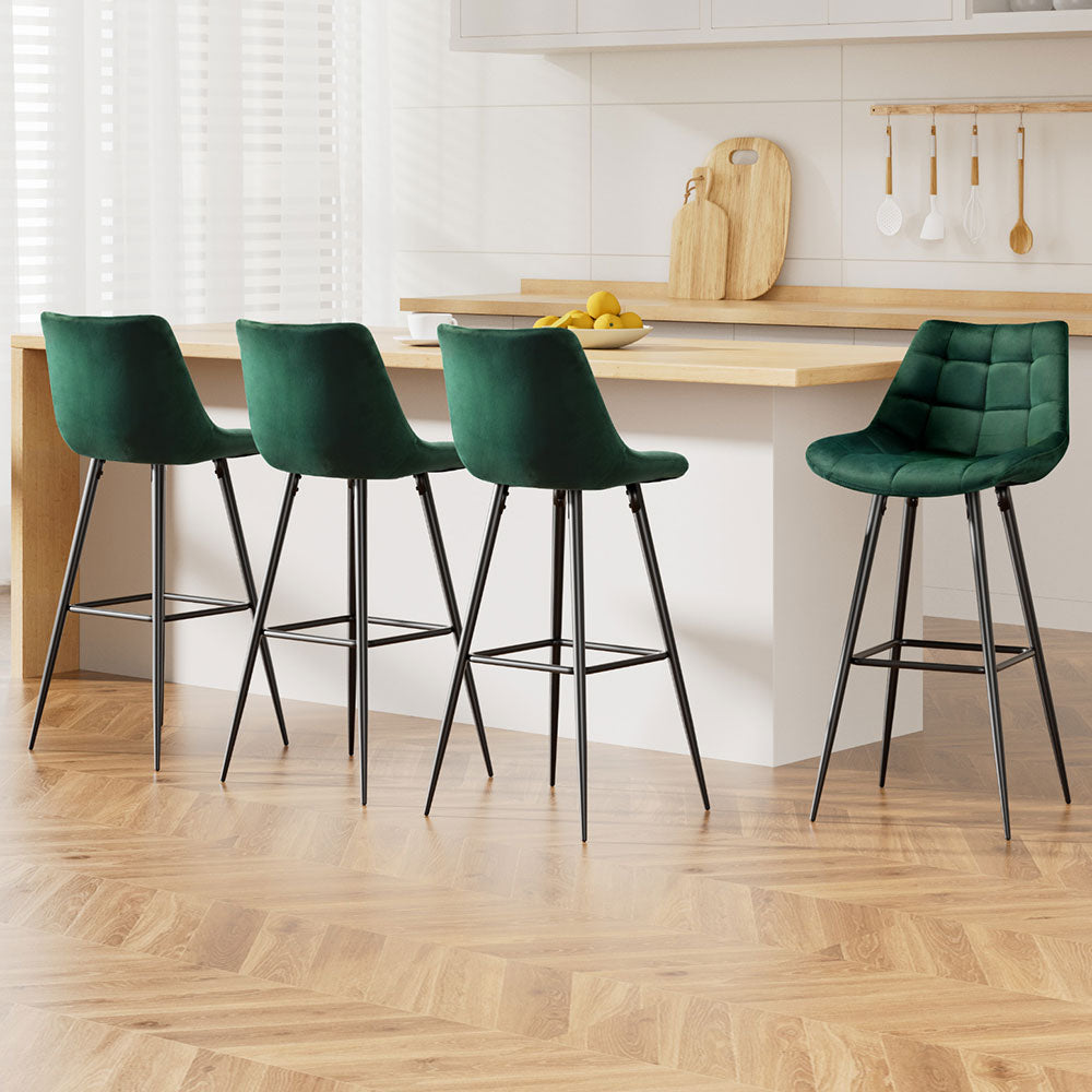 Linden 4x Bar Stools Velvet Chairs Green