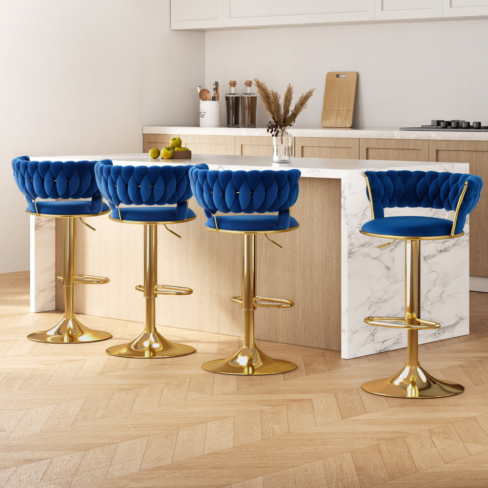 Atlas 4x Bar Stools Gas Lift Velvet Woven Backrest Navy