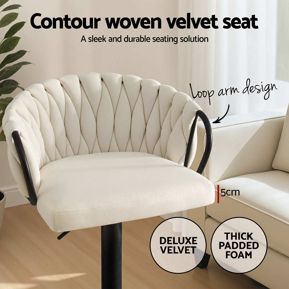 Alderon Woven Velvet Bar Stools – Ivory – Set of 2