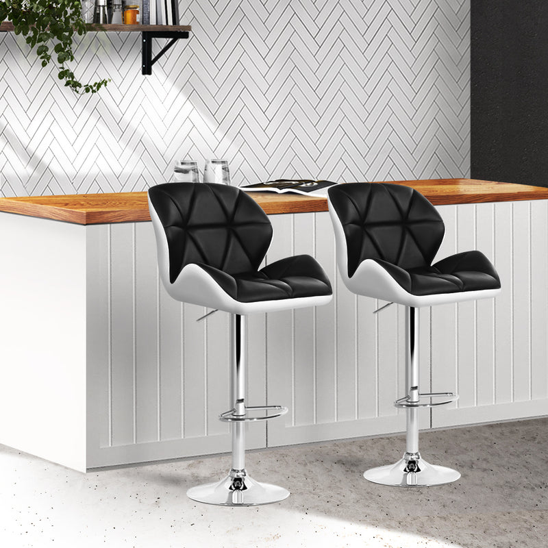 Set of 2 - Padded Leather Gas Lift Bar Stools - Black & White