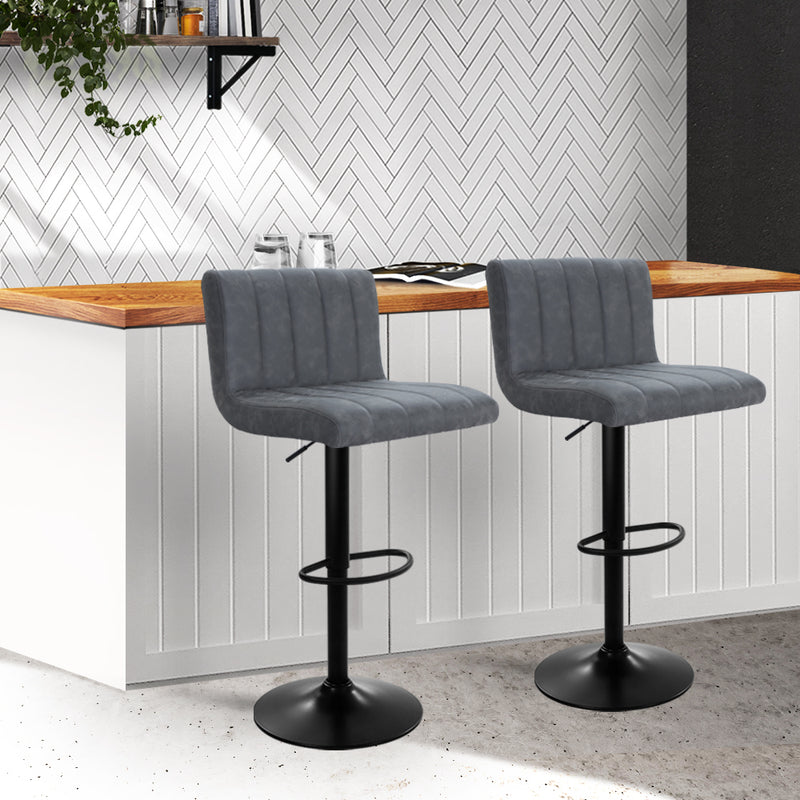 Set of 2 - Line Style Leather Bar Stools - Grey