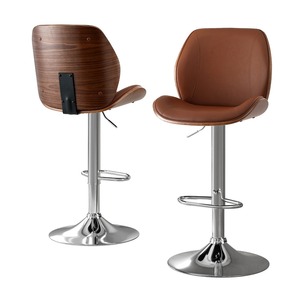 Linden 2X Bar Stools Bentwood Adjustable Kitchen Counter Chair Leather Brown