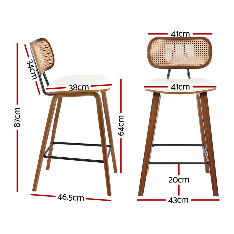 2 x Rattan Counter Bar Stools – PU Leather Padding