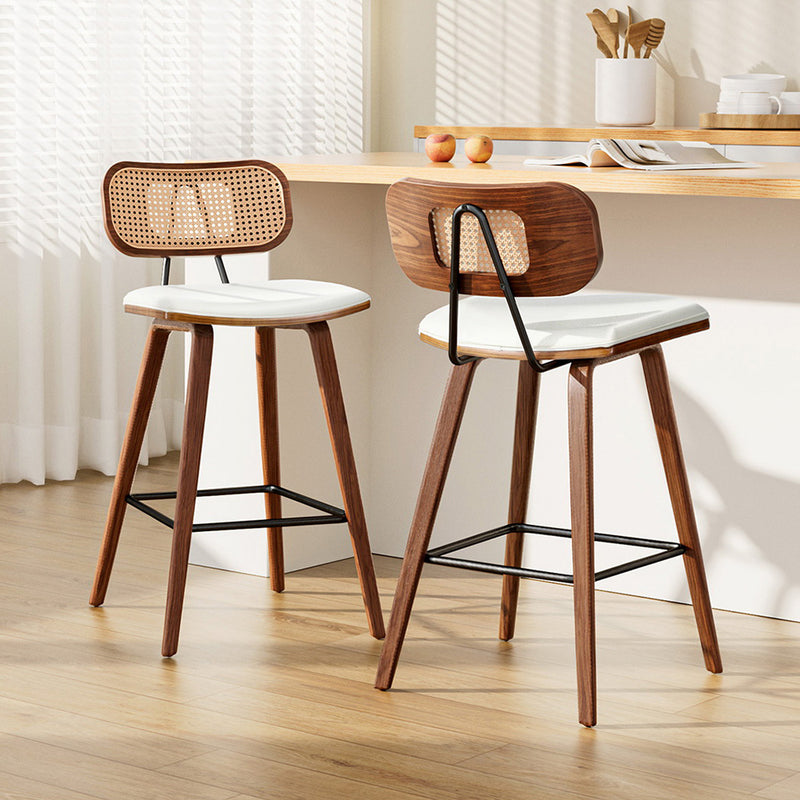 2 x Rattan Counter Bar Stools – PU Leather Padding