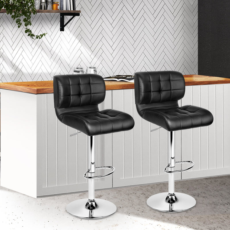 Set of 2 - Leather Gas Lift Bar Stools - Black and Chrome