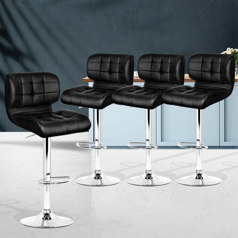 Set of 4 - Leather Gas Lift Bar Stools - Black and Chrome