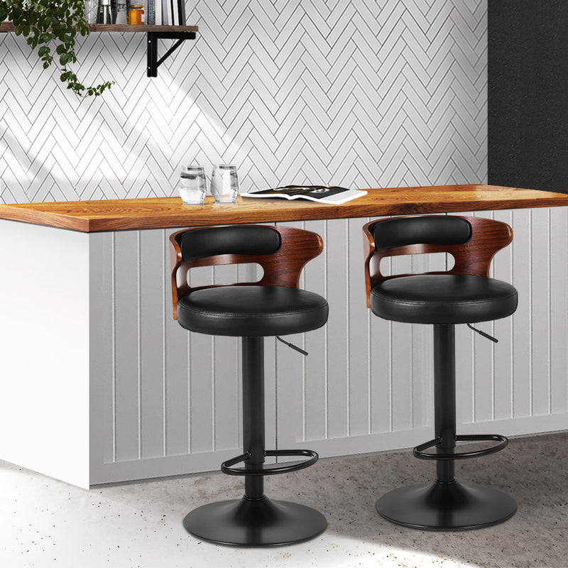 Set of 2 - Metal & Wooden Gas Lift Leather Barstools - Black