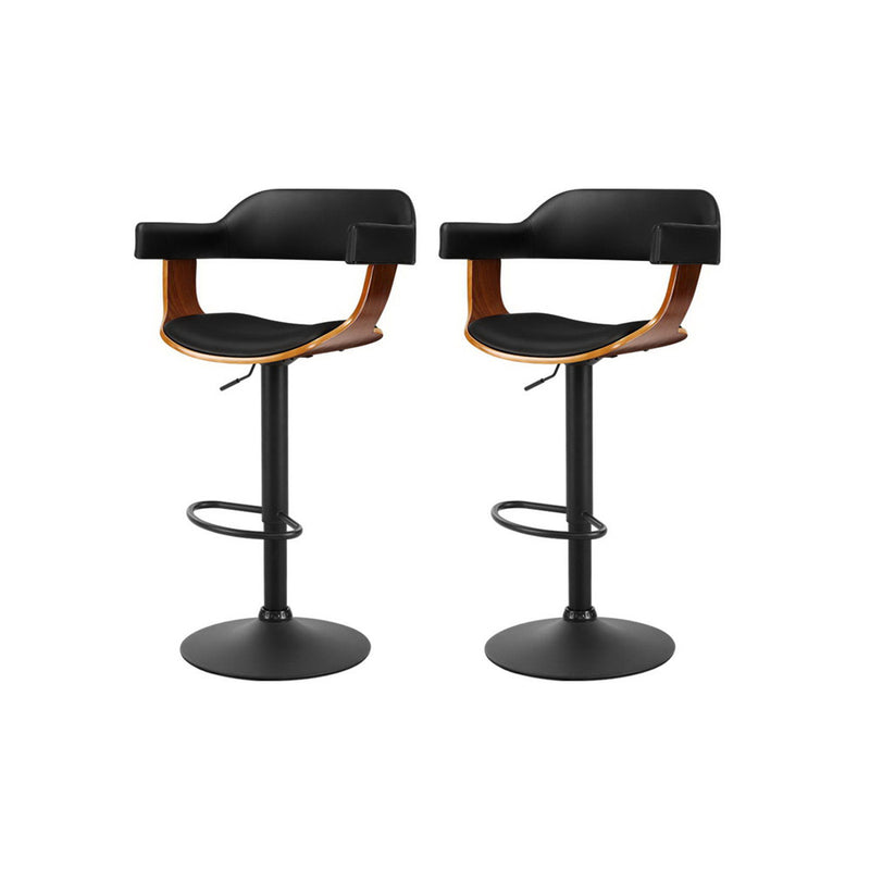 2 x Leather Bar Stools with Armrests – Black