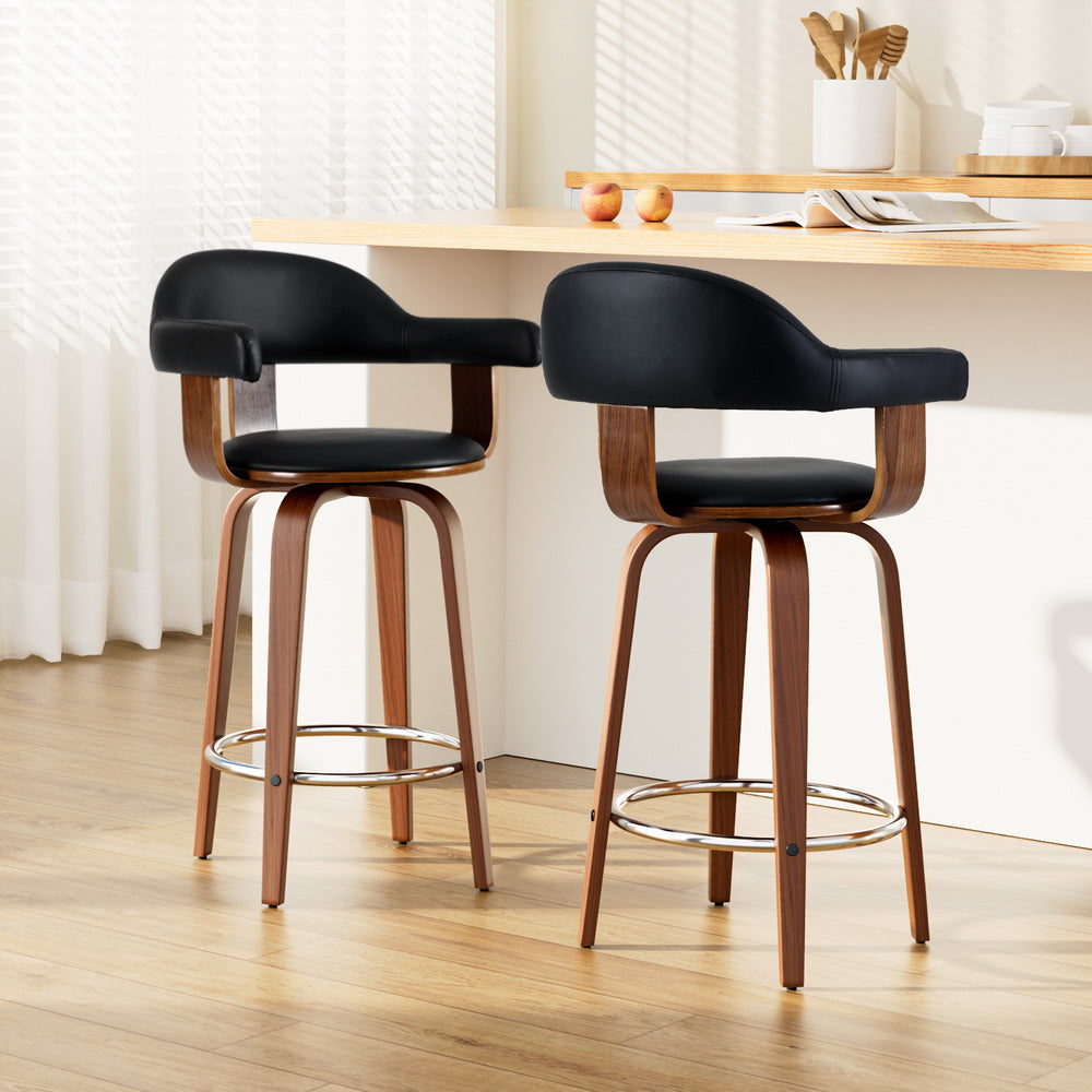 Nova 2x Bar Stools Leather Seat Wooden Legs