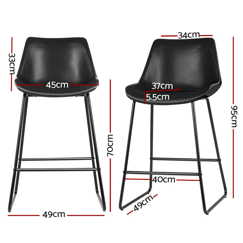 Set of 2 - Metal & Leather Bar Stool Dining Chairs - Black