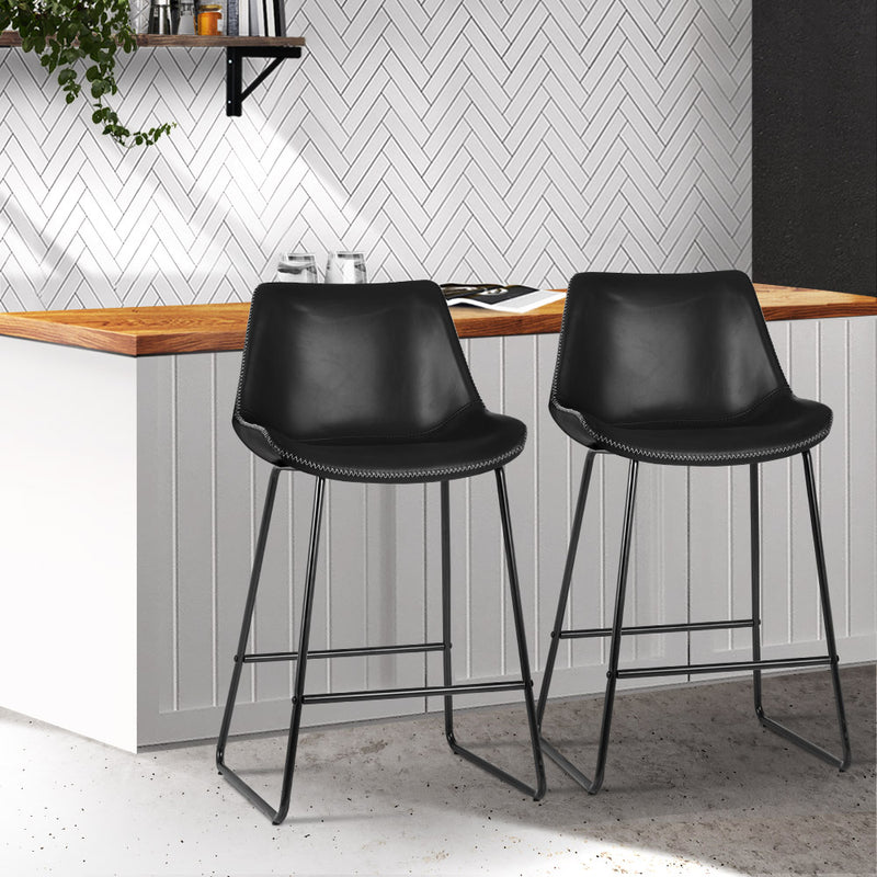 Set of 2 - Metal & Leather Bar Stool Dining Chairs - Black