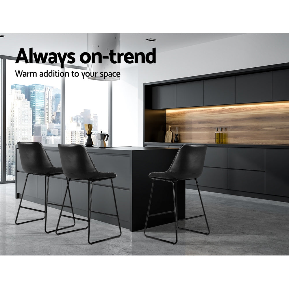 Valentina Metal & Leather Bar Stool Dining Chairs – Black – Set of 2
