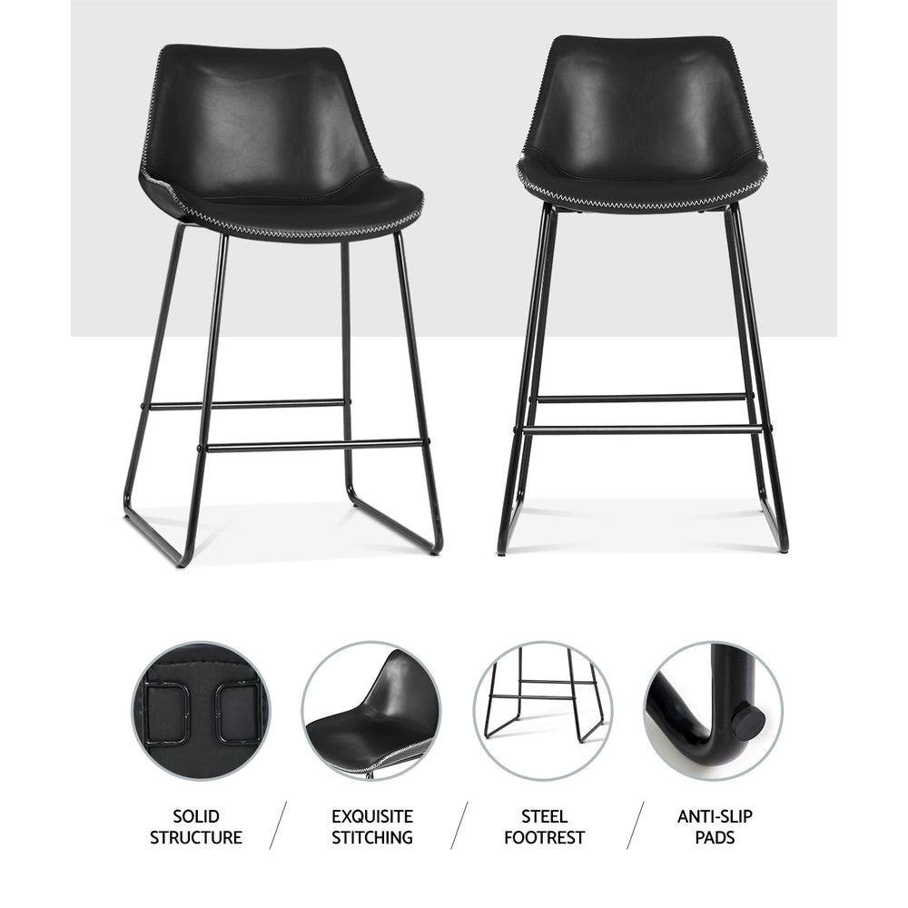 Valentina Metal & Leather Bar Stool Dining Chairs – Black – Set of 2