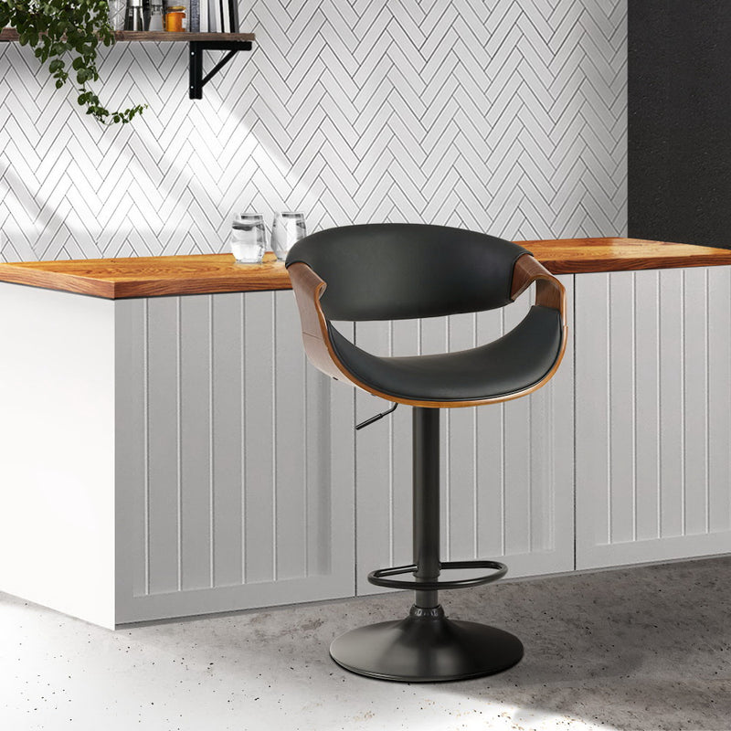 Gas Lift Wooden & Leather Bar Stool - Black