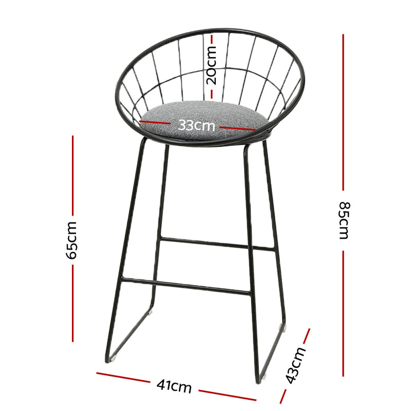 Set of 2 - Steel & Fabric Bar Stools - Grey and Black