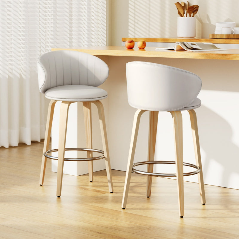 2 x Leather & Wood Bar Stools – Contoured Dining Style B