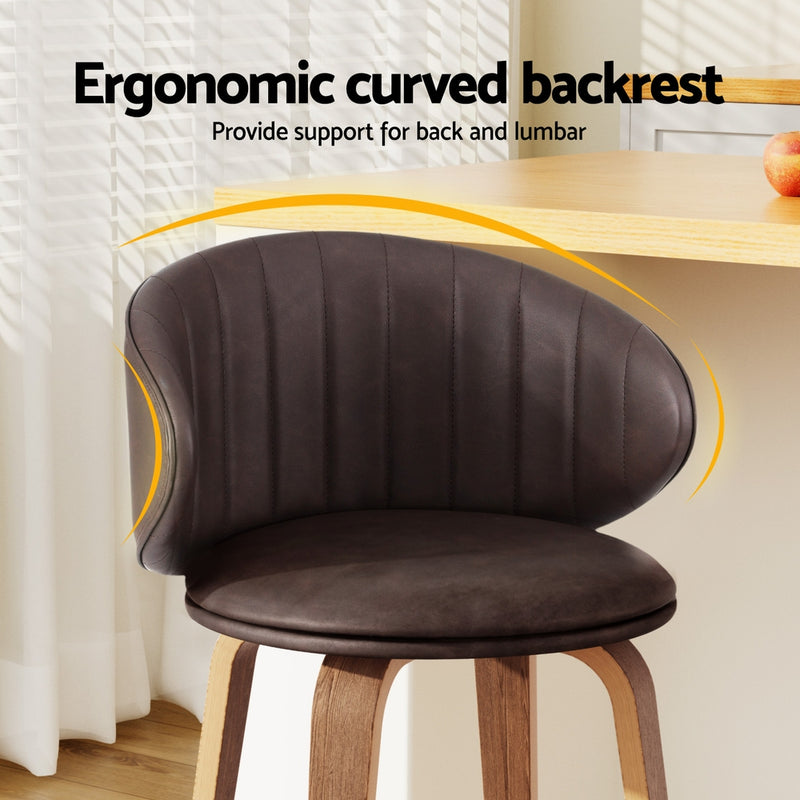 2 x Leather & Wood Bar Stools – Contoured Dining Style A
